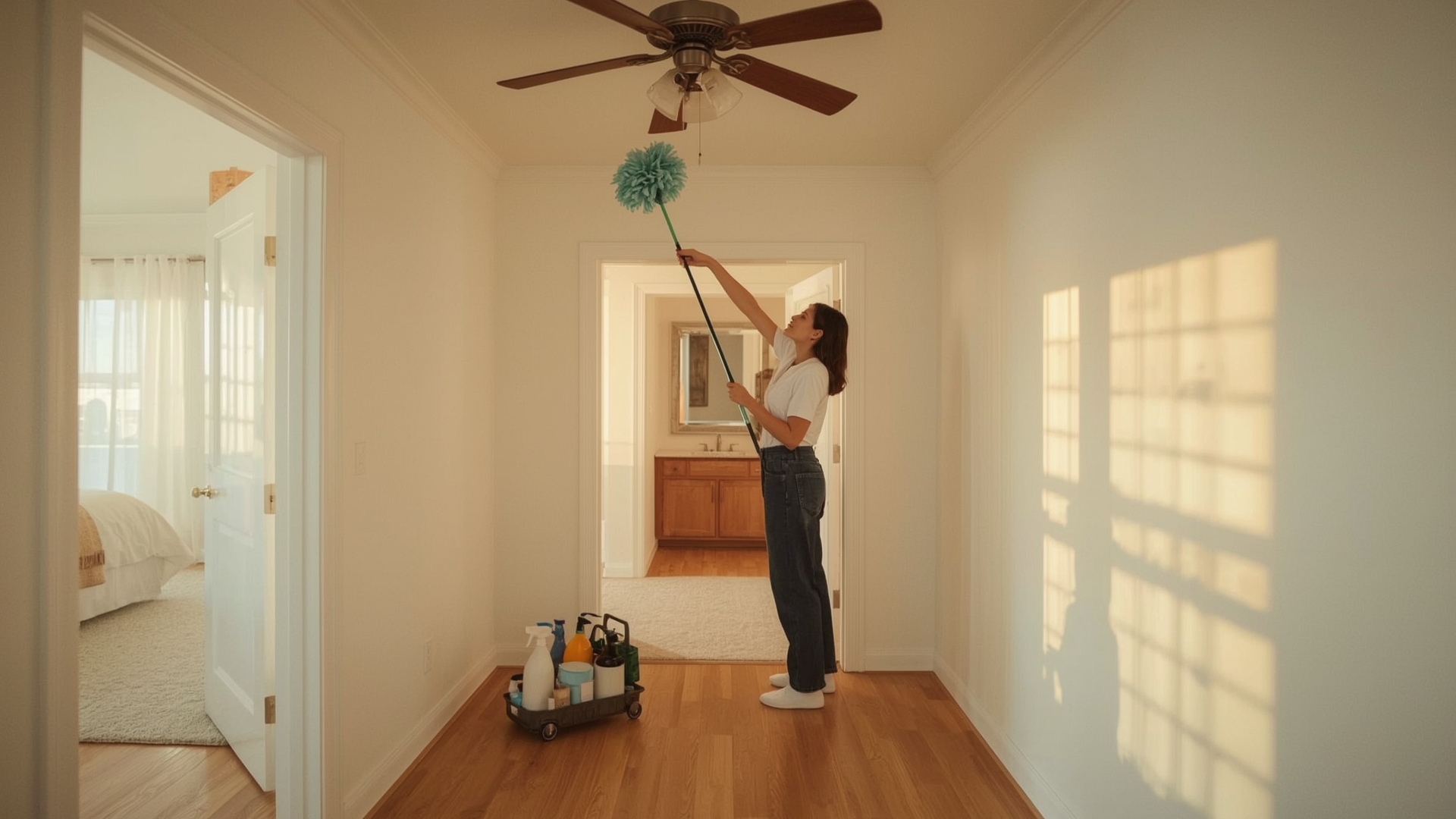 Person using microfiber duster on ceiling fan during whole home deep cleaning routine