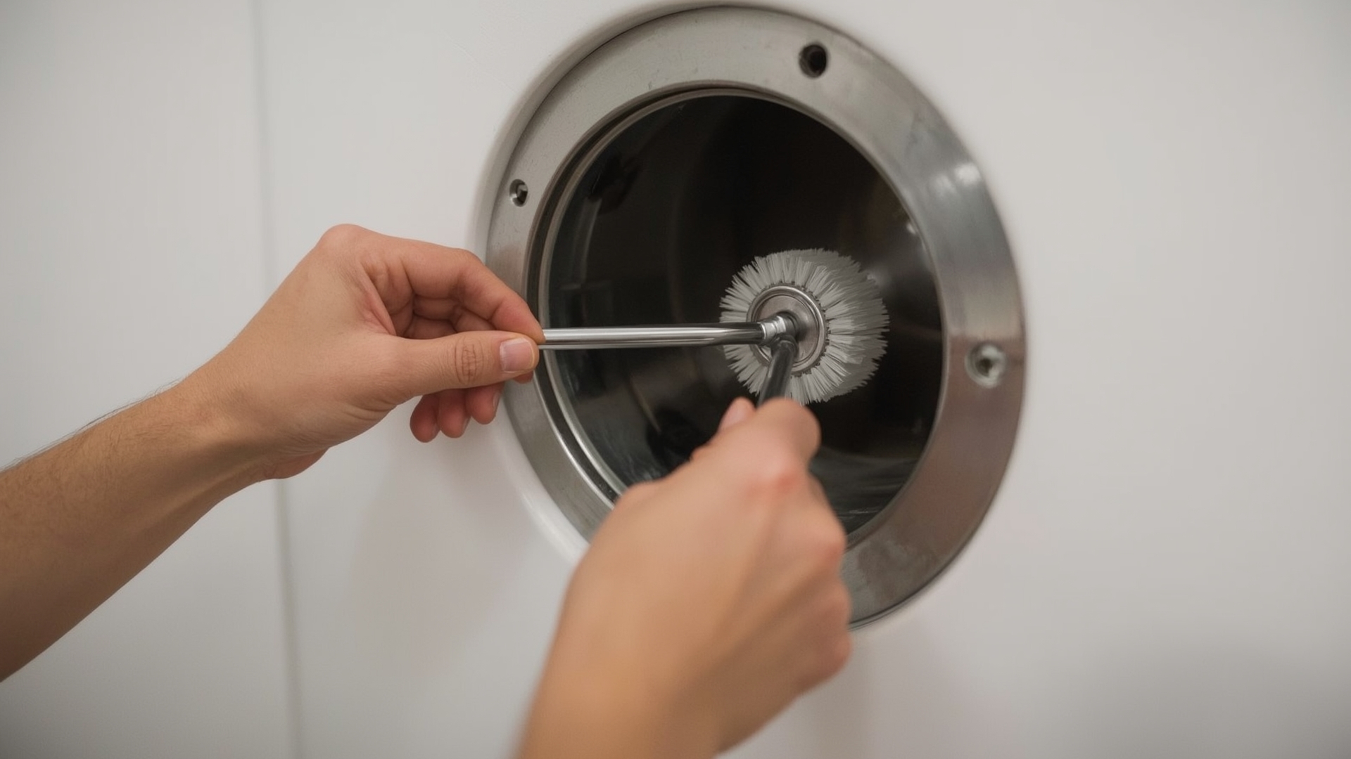 Hands inserting flexible brush rod into metal dryer vent duct wall opening during cleaning