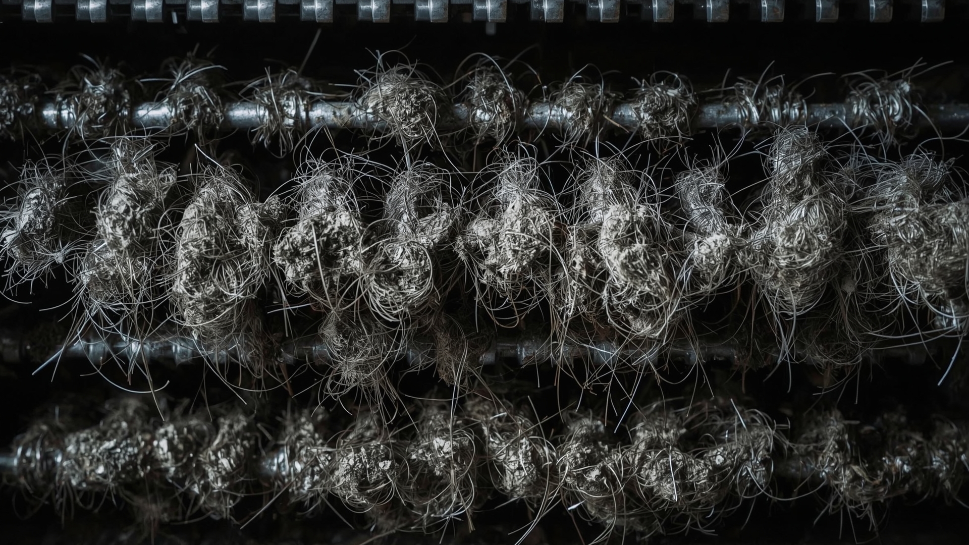 Macro close-up of heavily dust-covered refrigerator condenser coils showing dangerous debris buildup