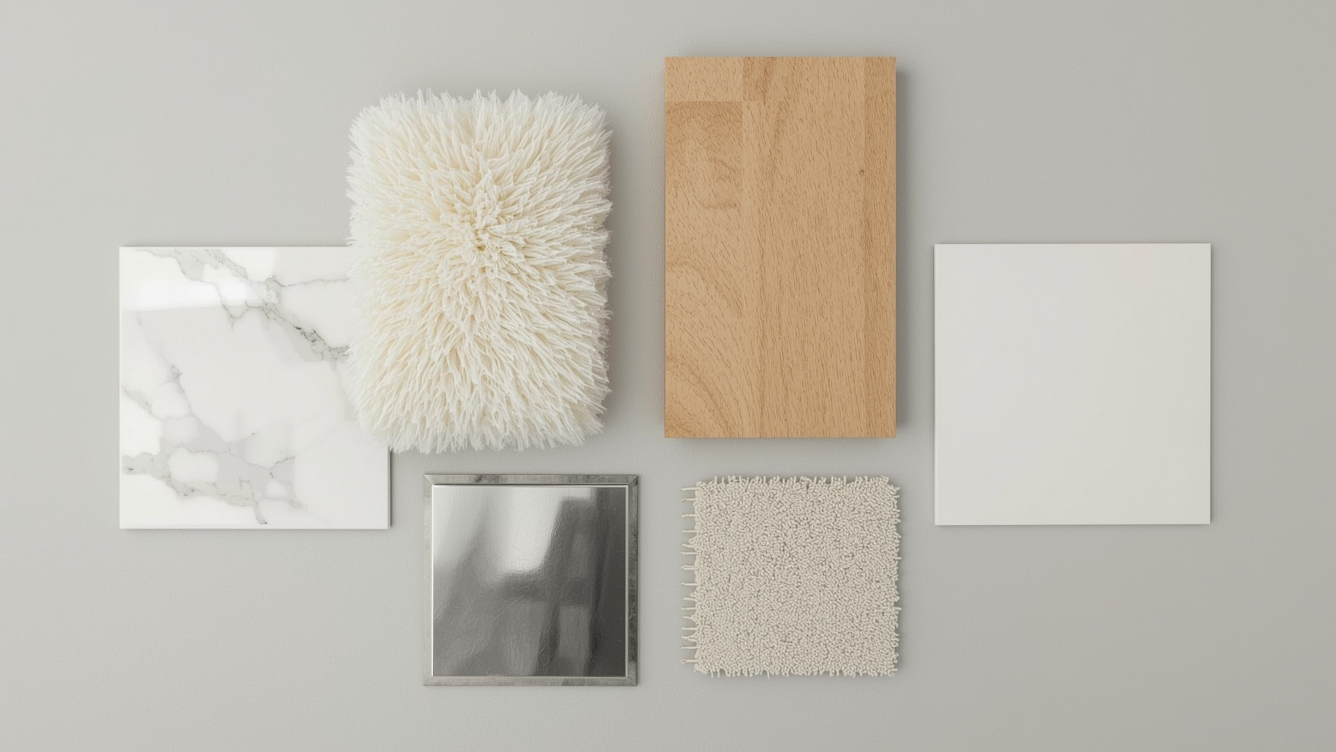Overhead flat lay of marble wool wood tile carpet and steel surface material samples compared